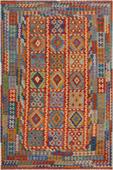 Flat Weave Kilim Antique Navaho Vintage handmade Geometric Kilim Rust Blue Hand-Woven Rectangle 100% Wool Area Rug 7x10
